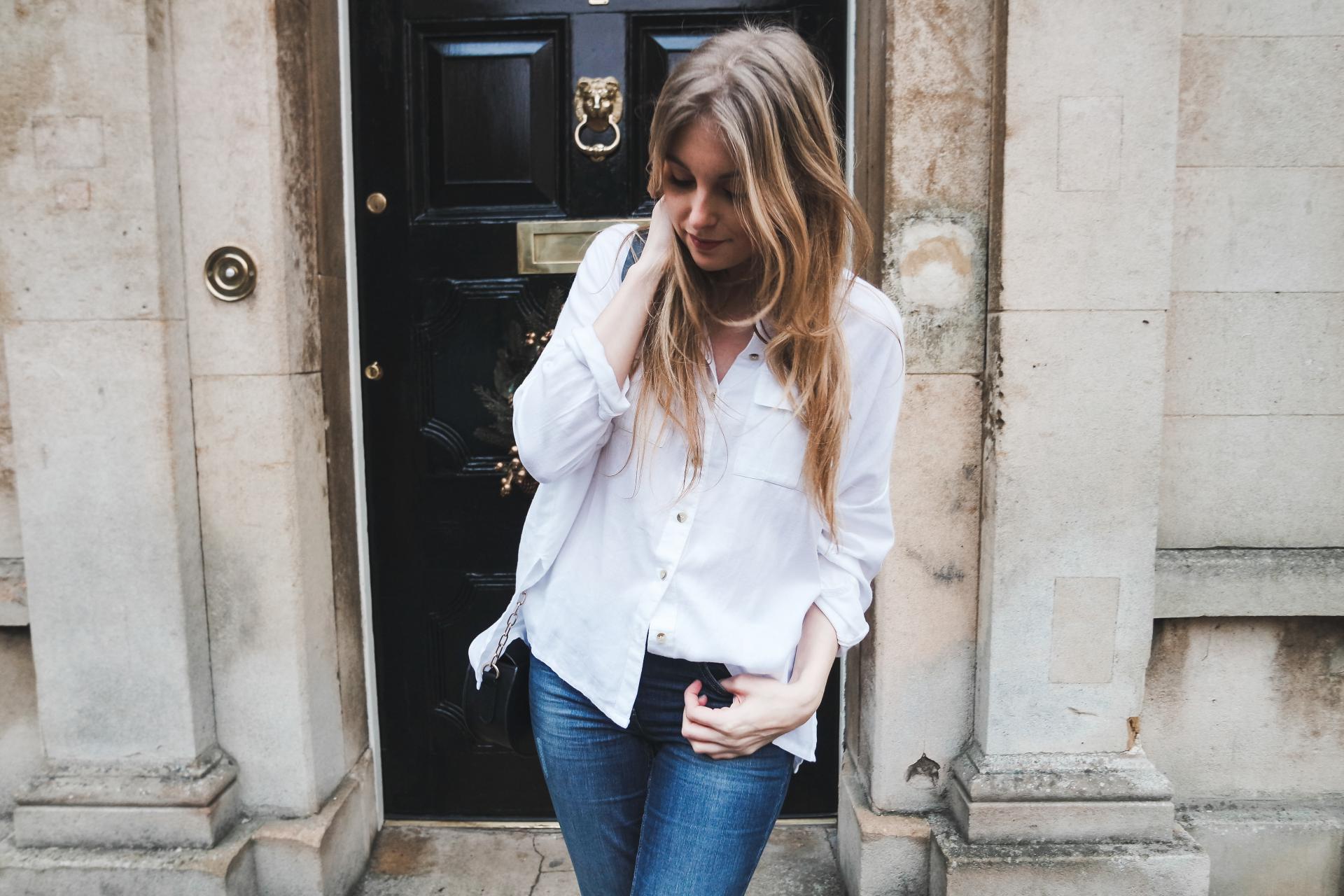 white shirt and blue jeans style